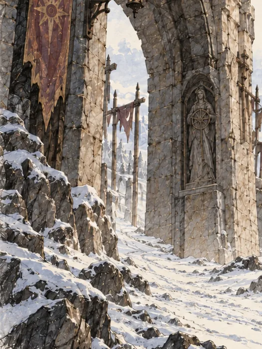 The snowbound arch at the Gatehouse Alley; cover artwork of The Kids of Sogol