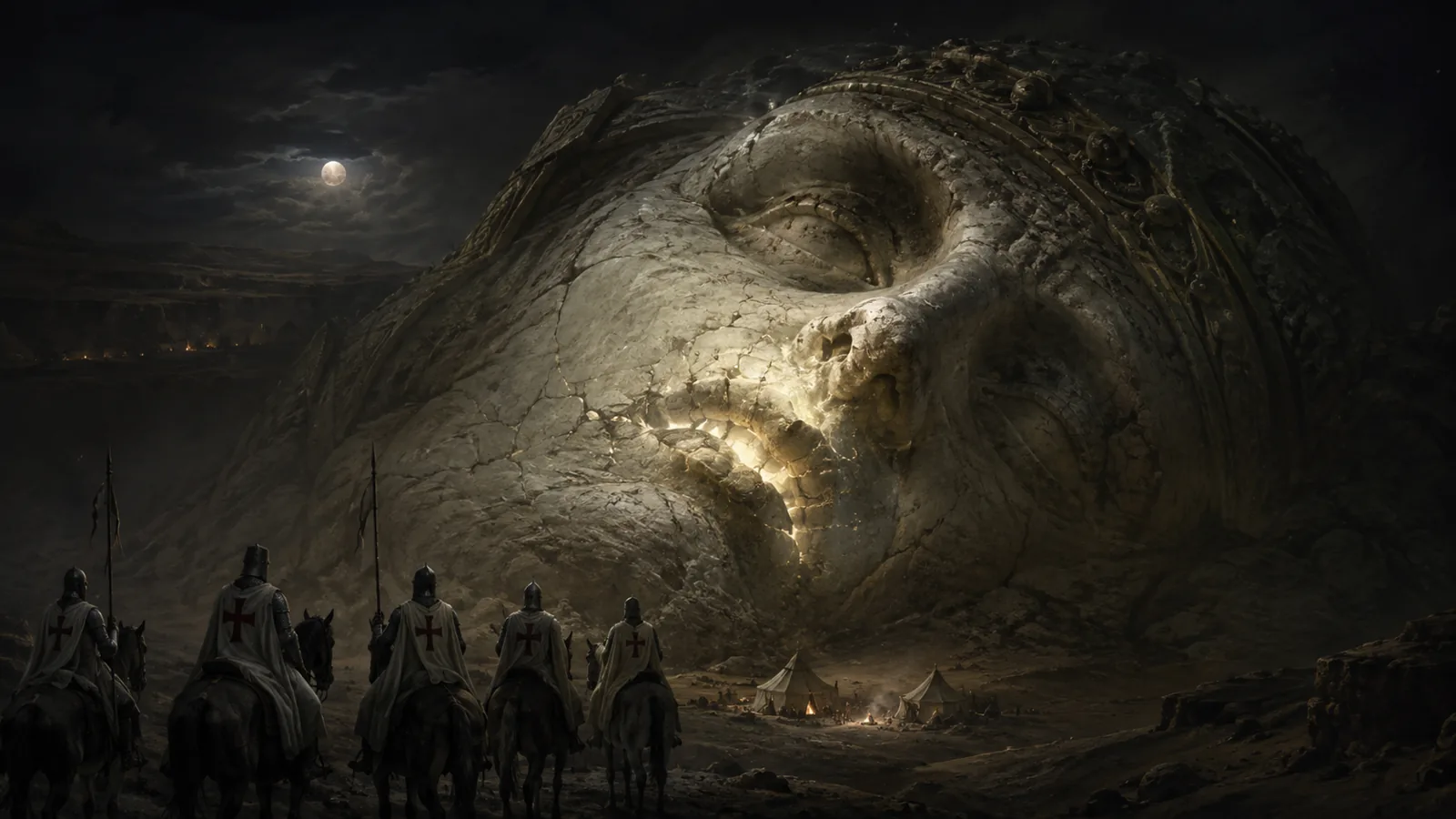 Templars approach a fallen titan's head; original Templars of Time comic artwork